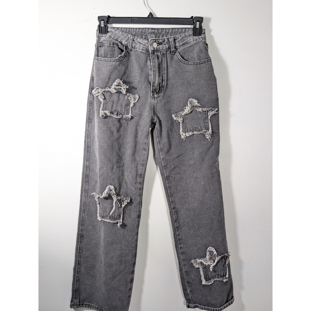 Women's M Black Stone Wash High Rise Mom Jeans‎ Star Pattern Distressed - Picture 6 of 7
